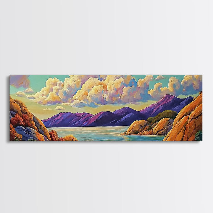 Rocky Coast View, Cloudy Sky Seascape, Peaceful Nature Art, Framed Canvas Print, Beach House Decor, Coastal Bedroom Wall Art