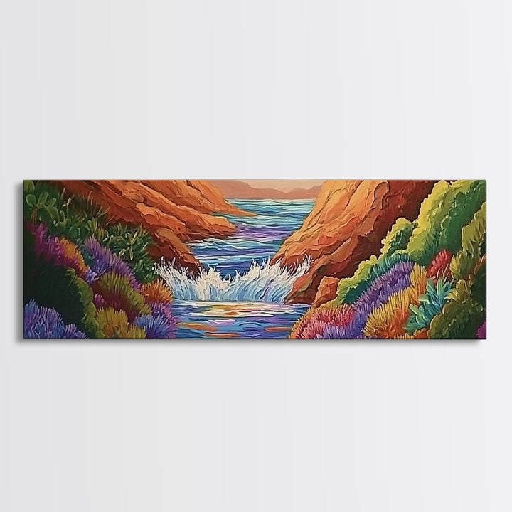 Canyon Stream Bloom, Colorful Desert River Scene, Vibrant Nature Painting, Framed Canvas Print, Southwest Living Room or Office Art