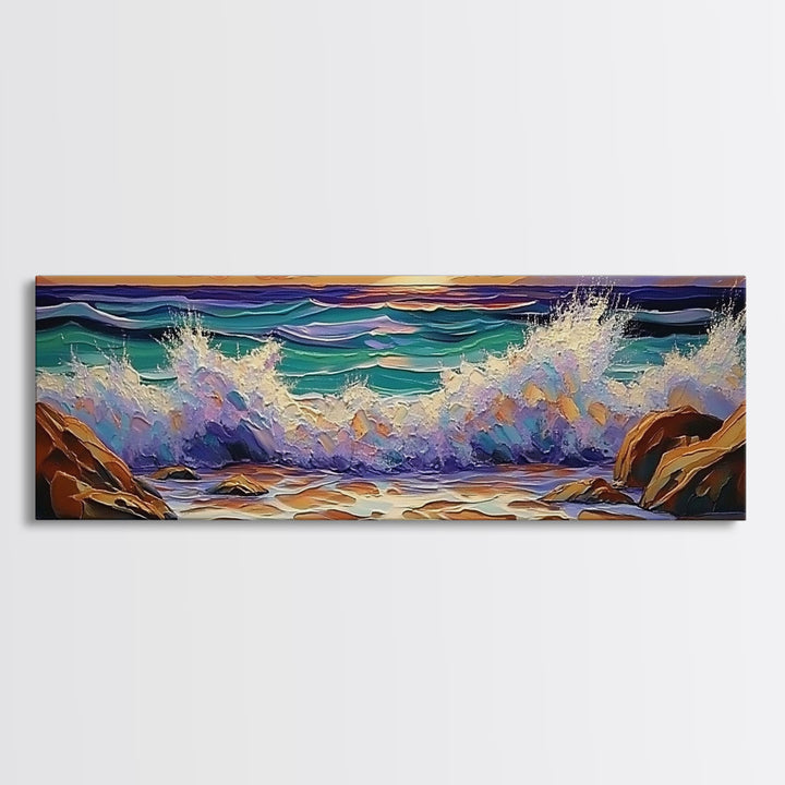 Crashing Waves Sunset, Seaside Landscape Art, Modern Beach Wall Decor, Living Room Accent, Framed Canvas Print, Coastal Vibes