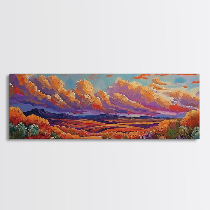 Desert Sunset, Golden Fields, Cloudscape Horizon, Canvas Print, vibrant desert painting, Fall boho art, hallway wall art