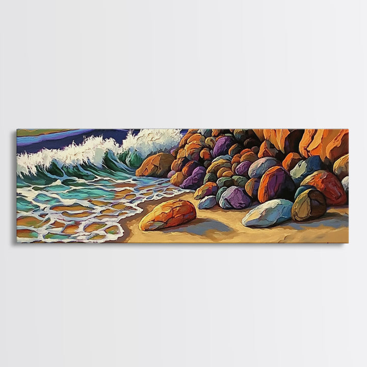 Rocky Shoreline Waves, Ocean Rocks Art, Seaside Spray, Framed Canvas Print, Bathroom Coastal Wall Art, Bold Beach Style, Nautical Decor