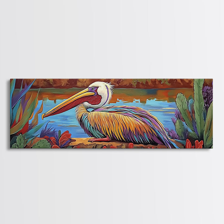 Colorful Pelican, Tropical Bird, Lake Wildlife, Autumn Palette, Framed Canvas Print, Boho Nature Wall Art, Dining Room Bird Artwork