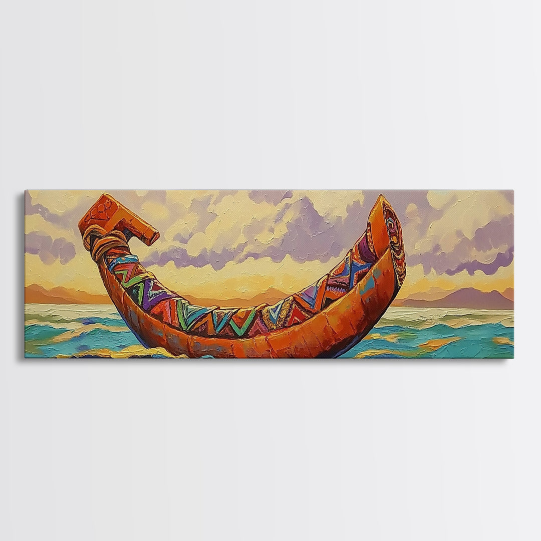 Tribal Canoe, Ocean Spirit, Ethnic Decor, Sunset Waterscape, Framed Canvas Print, Rustic Coastal Art, Living Room Adventure Decor