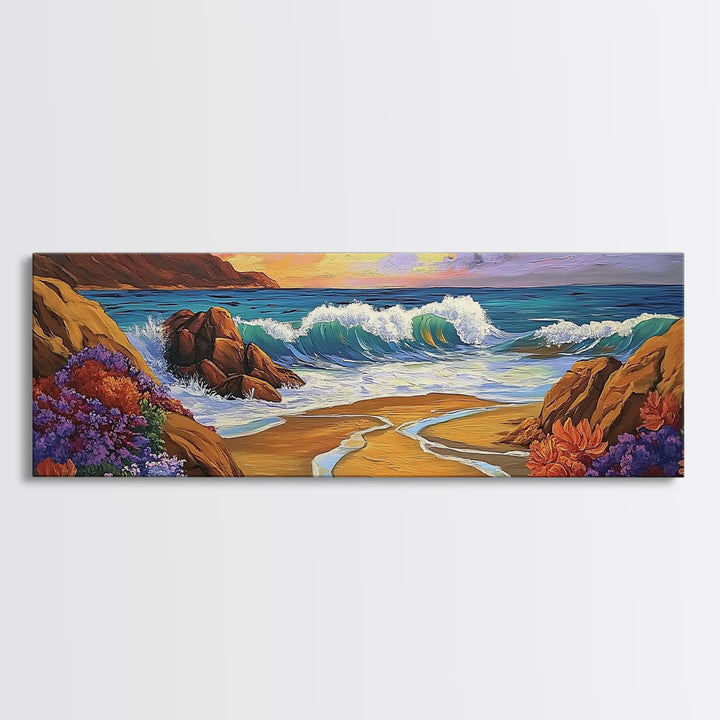 Coastal Wave, Bold Surf, Rocky Sunset, Flower Shoreline, Framed Canvas Print, Nautical Art, Bathroom Beach Landscape Decor