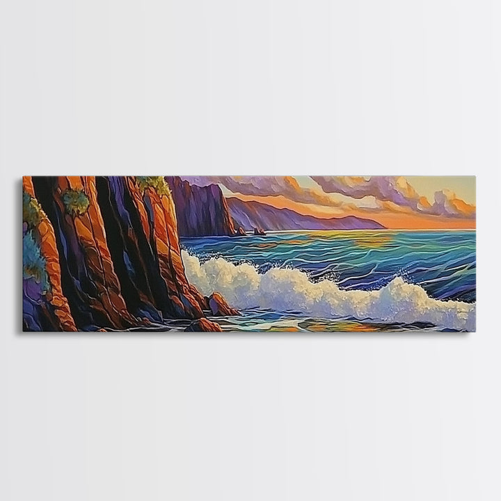 Coastal Cliff, Ocean Waves, Sunset Water, Rocky Shoreline, Framed Canvas Print, Bathroom Wall Art, Vibrant Seascape, Beach House Style