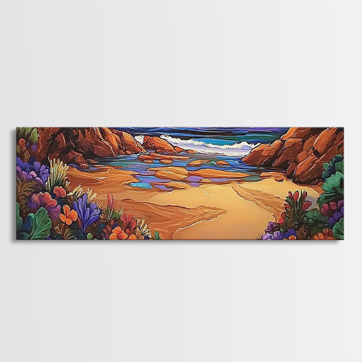 Rocky Beach Cove, Tropical Floral Ocean Art, Sunset Coastline View, Framed Canvas Print, Bathroom Wall Art, Nature Inspired Style