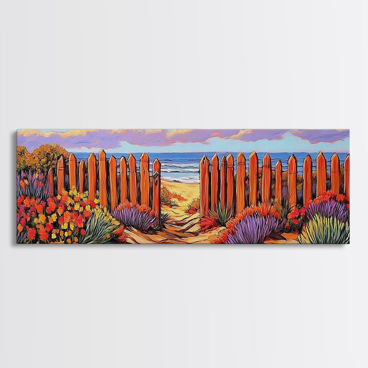 Beach Fence Trail, Ocean Coastal View, Sandy Pathway, Framed Canvas Print, Vibrant Seaside Art, Bathroom or Entryway Decor