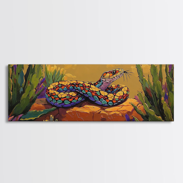 Desert Snake Scene, Vibrant Reptile Art, Cactus Wildlife, Framed Canvas Print, Bold Southwest Wall Decor, Nature Inspired Room