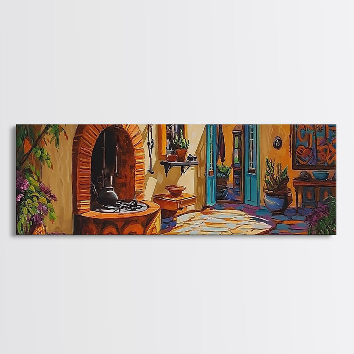 Cozy Kitchen Decor, Rustic Courtyard Art, Adobe Style, Mexican Home Wall Decor, Framed Canvas Print, Southwest Kitchen Wall Art