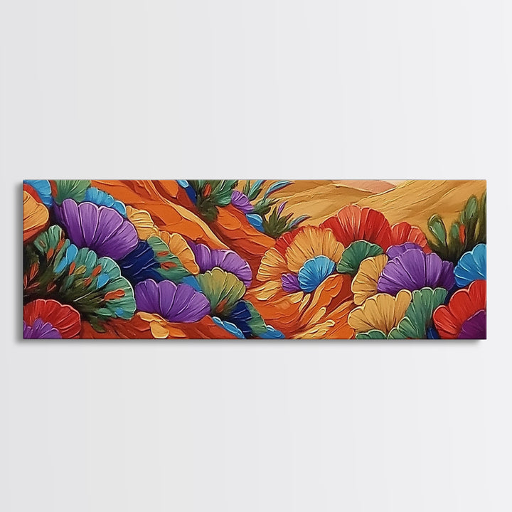 Colorful Desert Blooms, Vibrant Landscape, Boho Floral Style, Framed Canvas Print, Bedroom Wall Art, Modern Southwestern Painting