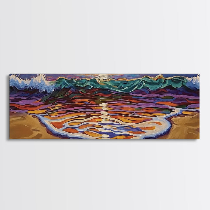 Ocean Sunset Glow, Colorful Wave Reflection, Coastal Abstract, Framed Canvas Print, Beach House Wall Art, Modern Seascape Painting