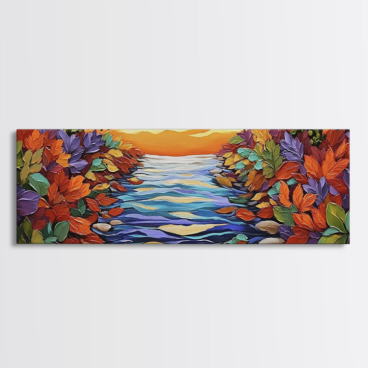 Autumn River Glow, Fall Leaf Reflections, Vibrant Nature Scene, Framed Canvas Print, Rustic Wall Art, Entryway or Dining Room Decor