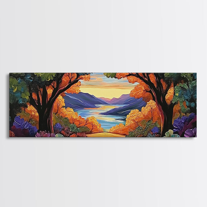 Autumn Lake View, Forest Path, Mountain Vibe, Framed Canvas Print, Fall Wall Art, Boho Landscape, Cozy Living Room Decor