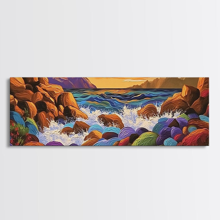 Rocky Coastline, Sunset Splash, Rainbow Stones, Framed Canvas Print, Bathroom Wall Art, Modern Seaside Art, Bold Landscape Vibes