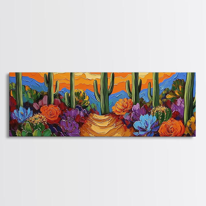Cactus Garden Sunset, Desert Wall Art, Succulent Landscape, Framed Canvas Print, Boho Living Room Decor, Vibrant Western Style