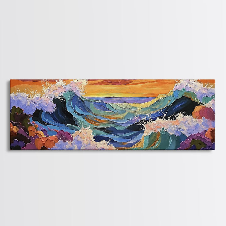 Breaking Waves Seascape, Ocean Wall Art, Sunset Coastal View, Framed Canvas Print, Nautical Living Room Decor, Beach Style