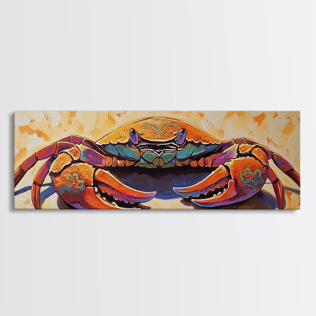 Coastal Crab Art, Beach House Decor, Nautical Vibes, Vibrant Colors Framed Canvas Print, Coastal Kitchen Wall Art, Bold Animal Painting