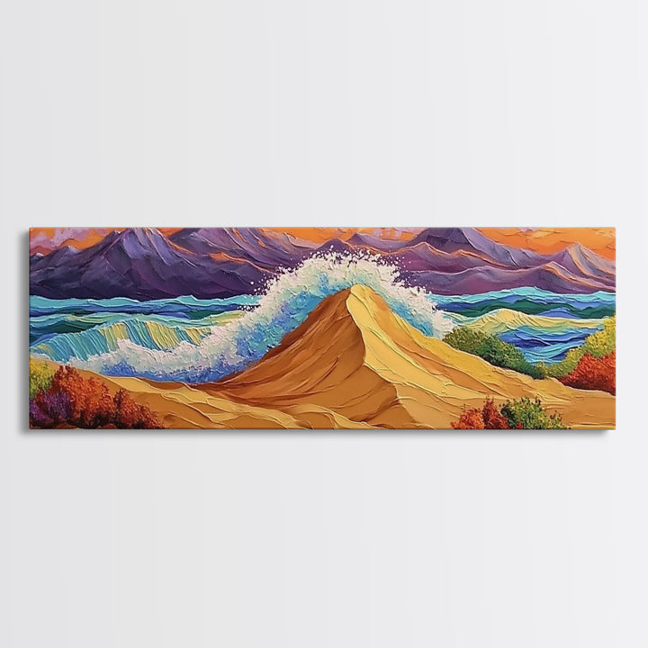Desert Dunes, Ocean Splash, Sunset Mountains, Fall Tones Framed Canvas Print, Living Room Wall Art, Southwest Colorful Art
