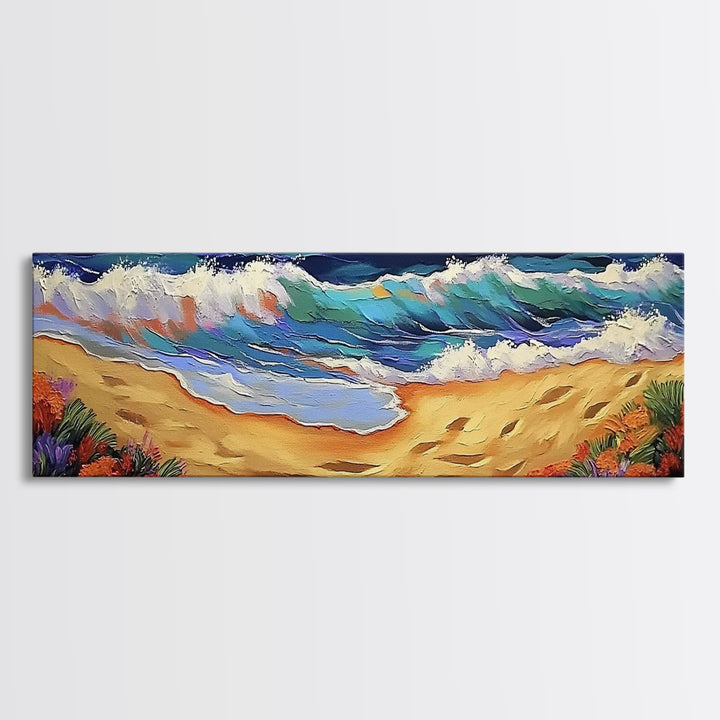 Coastal Wave Art, Beach Shore, Ocean Spray, Sunset Sea Framed Canvas Print, Living Room Wall Art, Modern Tropical Decor