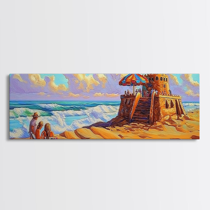 Beach Fortress, Family Fun, Ocean Adventure, Sunny Day Framed Canvas Print, Vacation Memory Wall Art, Playroom Beach Art