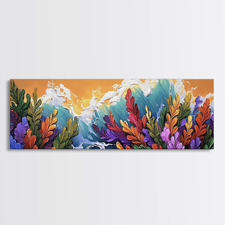 Ocean Blooms, Sunset Waves, Colorful Florals, Seaside Garden, Framed Canvas Print tropical living room wall art, coastal print