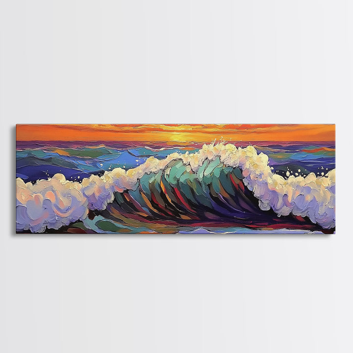 Breaking Wave Art, Sunset Ocean Surf, Bold Seaside Motion, Vibrant Coastal Palette, Framed Canvas Print, Bathroom Beach Decor