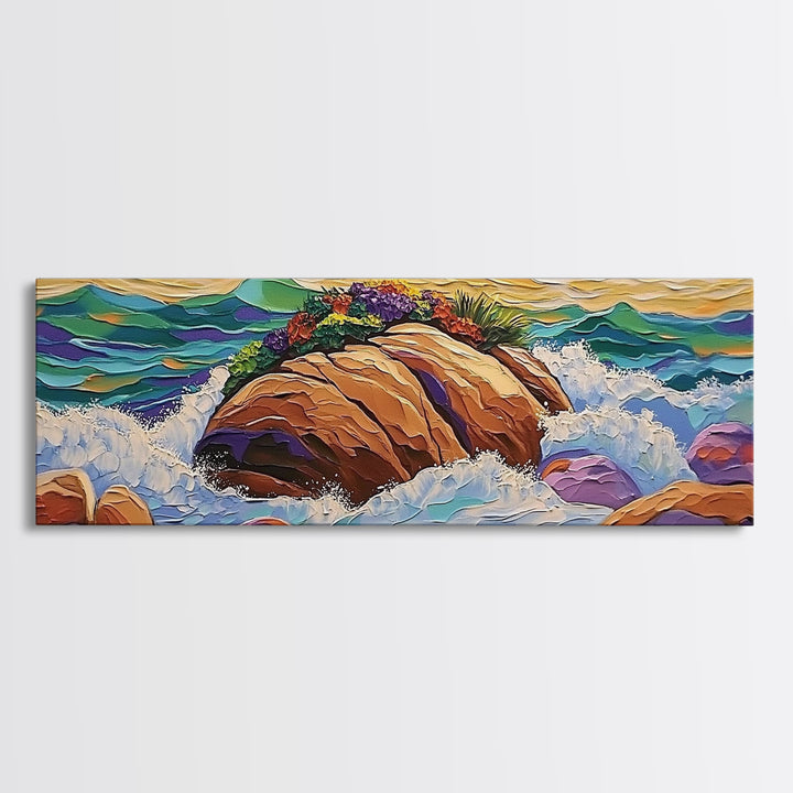Rocky Shoreline Scene, Vibrant Sea Garden, Coastal Wave Power, Nature Texture Painting, Framed Canvas Print, Ocean Lover Wall Art
