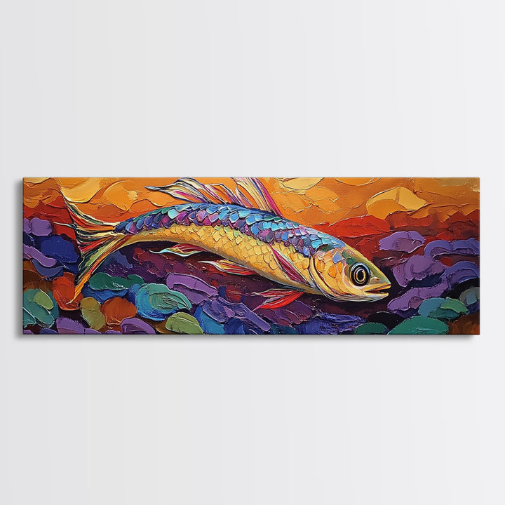 Colorful Fish Painting, Vibrant Sea Life, Abstract Ocean Creature, Marine Fantasy Style, Framed Canvas Print, Kids Room Underwater Art