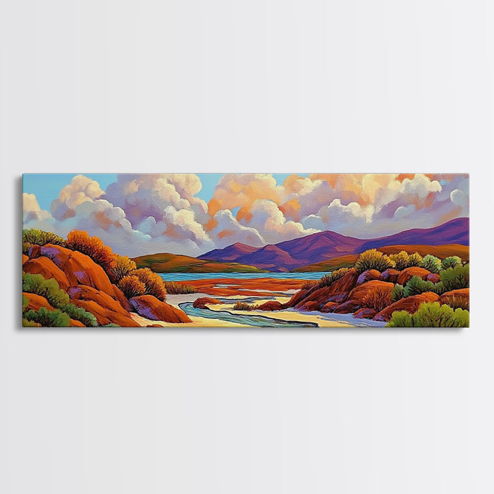 Desert Oasis, Canyon River, Cloudy Sky, Canvas Print, Southwest Landscape Art, Living Room Wall Art, Warm Earth Tone Decor