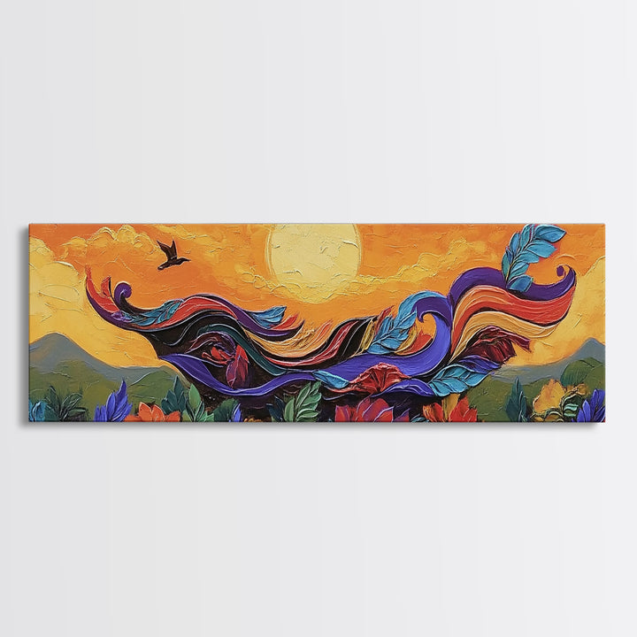 Abstract Bird, Flying Feathers, Bold Sunset, Canvas Print, Vibrant Boho Art, Living Room Statement Piece, Fall Color Palette