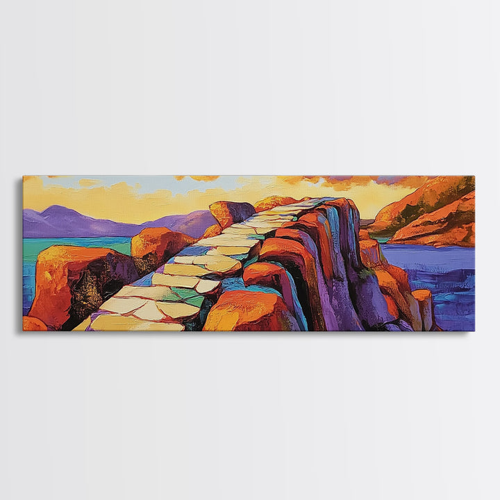 Rocky Coastal Path, Sunset Cliff Art, Vibrant Mountain Scene, Adventure Nature Decor, Framed Canvas Print, Fall Living Room Art