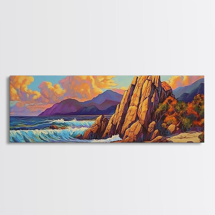 Coastal Rocks, Ocean Cliffs, Sunset Clouds, Canvas Print, Bold Seascape Wall Art, Living Room Fall Decor, Nature Inspired Aesthetic