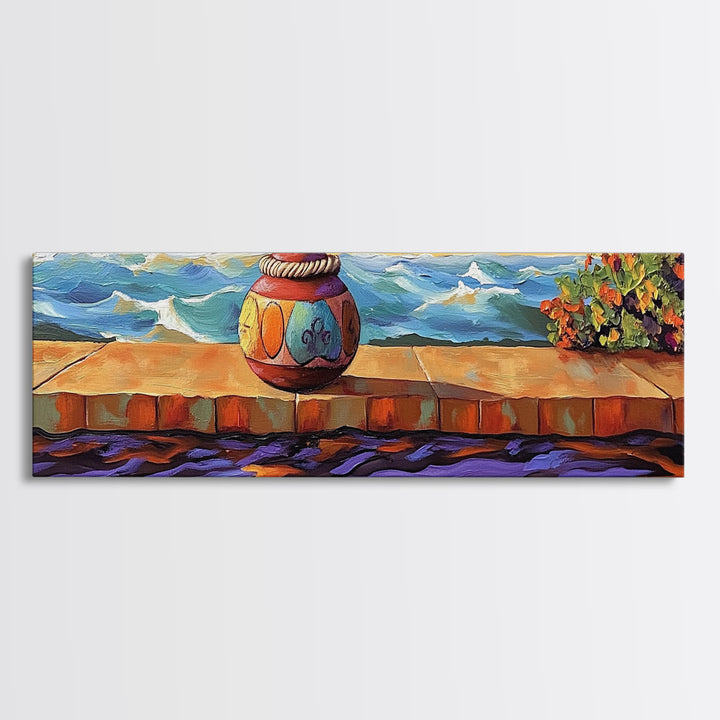Ocean Vase Scene, Coastal Pottery Painting, Serene Sunset Dock, Beachfront Wall Style, Framed Canvas Print, Nautical Bathroom Art