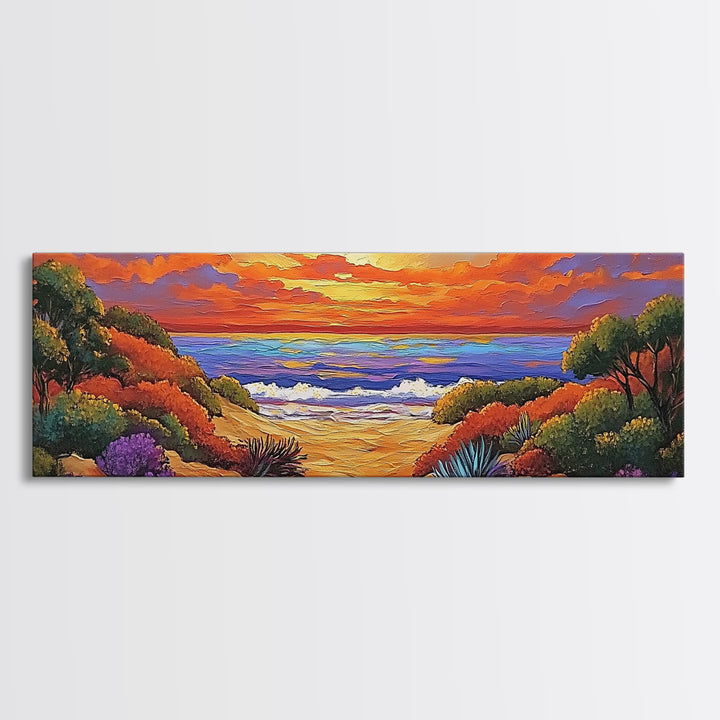 Autumn Sunset Path, Beach Trail Art, Vibrant Landscape, Framed Canvas Print, Fall Home Decor, Coastal Living Room Wall Art, Boho Art
