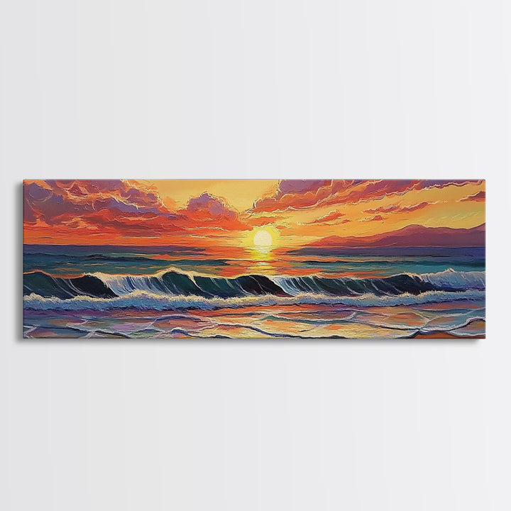 Crashing Sunset Waves, Ocean Horizon Art, Coastal Abstract Painting, Framed Canvas Print, Colorful Living Room Wall Art, Beach Vibes
