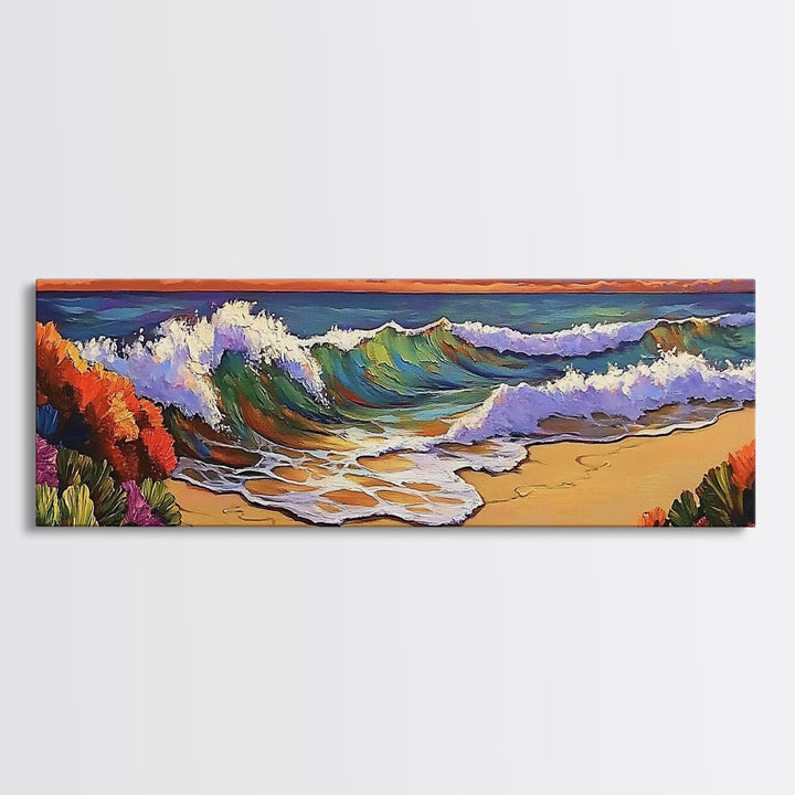 Ocean Curl, Autumn Surf, Sunset Beach, Floral Waves, Framed Canvas Print, Living Room Wall Art, Fall Coastal Painting, Bold Decor