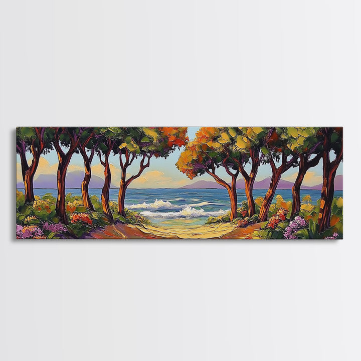 Coastal Trees, Ocean View, Beach Path, Vibrant Foliage, Framed Canvas Print, beach house decor, nature wall art, coastal living room style
