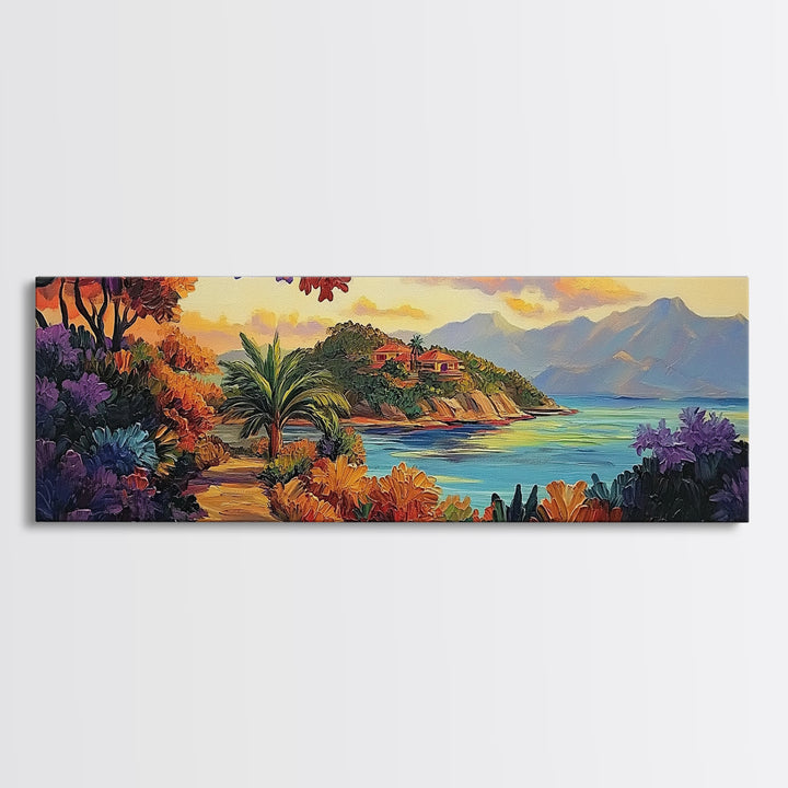 Island Retreat, Ocean View, Palm Trees, Colorful Foliage, Framed Canvas Print, tropical wall art, boho living room accent piece