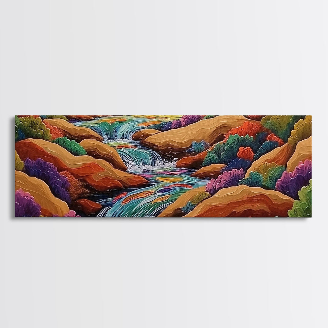 Waterfall Path, Desert Stream, Colorful Bushes, Sunset Flow, Framed Canvas Print, nature inspired art, spa room decor, zen wall style