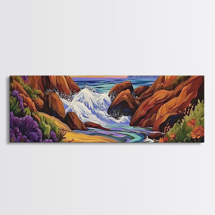 Rocky Shore, Ocean Splash, Sunset Cove, Botanical Scene, Framed Canvas Print, vibrant coastal wall art, beach bathroom decor, ocean vibe