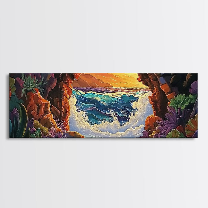 Ocean Cave View, Sunset Waves, Coastal Decor, Tropical Art, Framed Canvas Print, Beach House Wall Art, Vibrant Seascape, Boho Style