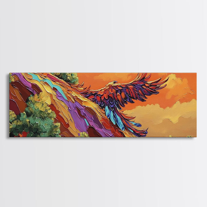 Phoenix Soar, Sunset Flight, Bold Nature, Uplifting Vibes, Framed Canvas Print, Boho Office Wall Art, Inspirational Bird Painting