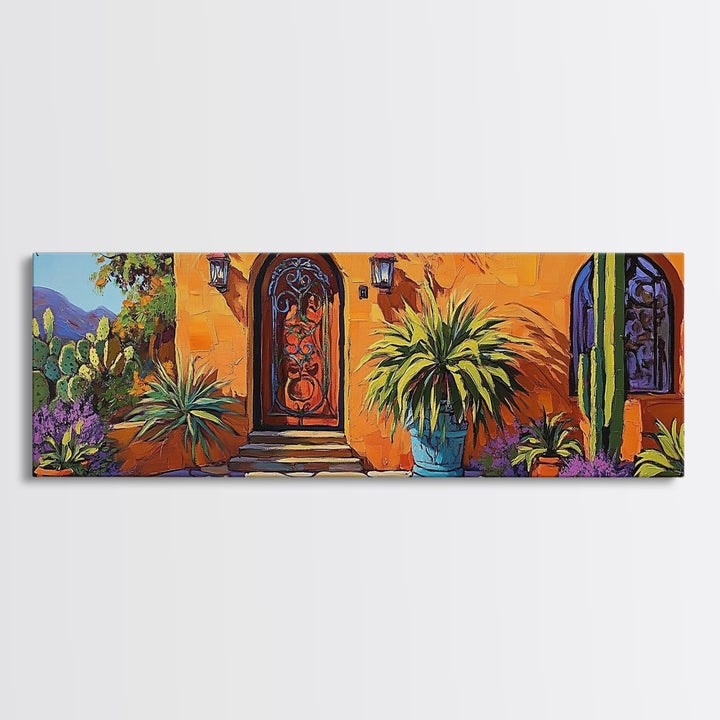 Desert Doorway, Cactus House, Warm Entryway, Framed Canvas Print, Southwest Wall Art, Rustic Kitchen Decor, Boho Style Exterior Scene