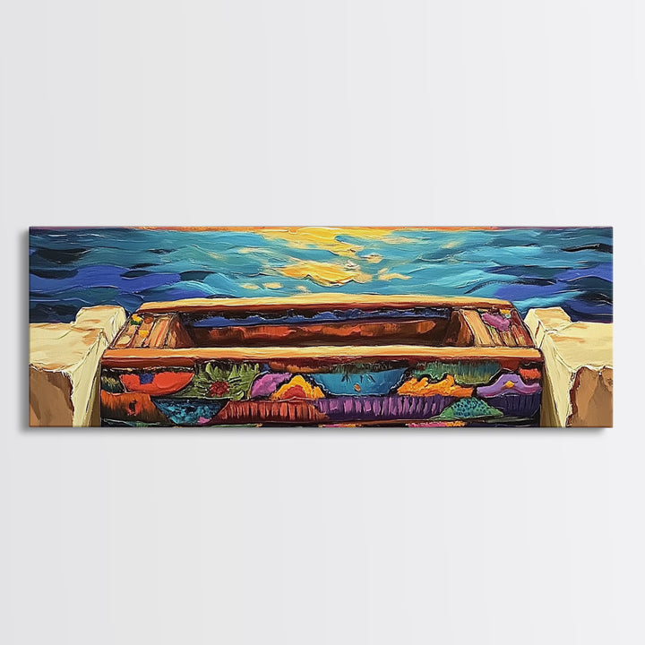 Sunset Pier, Ocean Horizon, Bold Seascape, Framed Canvas Print, Beach House Wall Art, Coastal Dining Room Decor, Vibrant Nautical Art
