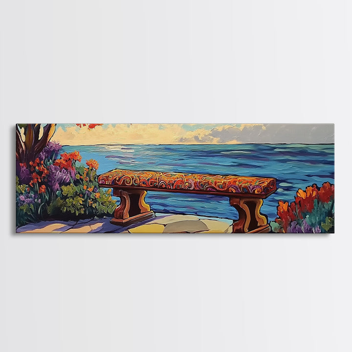 Ocean Bench Scene, Tranquil Moment, Sunset by Sea, Nature Retreat, Canvas Print, Beach House Decor, Impressionist Coastal Wall Art