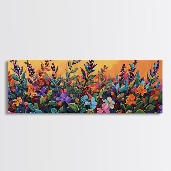 Autumn Garden Flowers, Orange Sky, Bold Leaves, Seasonal Blooms, Canvas Print, Fall Kitchen Wall Art, Botanical Color Pop
