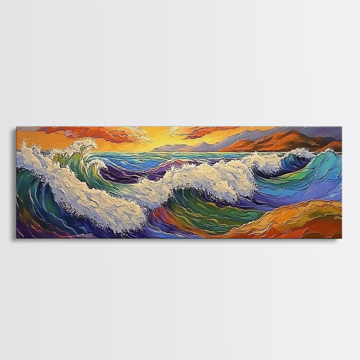 Crashing Waves, Vibrant Seascape, Ocean Energy, Coastal Sunset, Framed Canvas Print, Beach House Decor, Modern Nautical Art