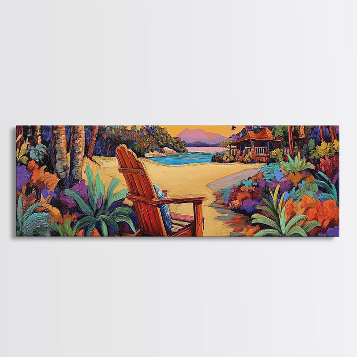 Peaceful Beach Chair, Vibrant Sunset Retreat, Tropical Escape Wall Art, Framed Canvas Print, Vacation Home Decor, Boho Island Artwork