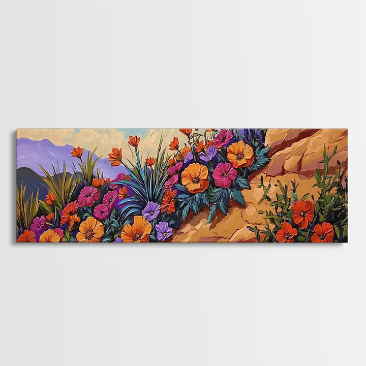 Coastal Flowers, Sunset Hillside, Wildflower Art, Framed Canvas Print, Vibrant Landscape Wall Decor, Living Room Boho Wall Art