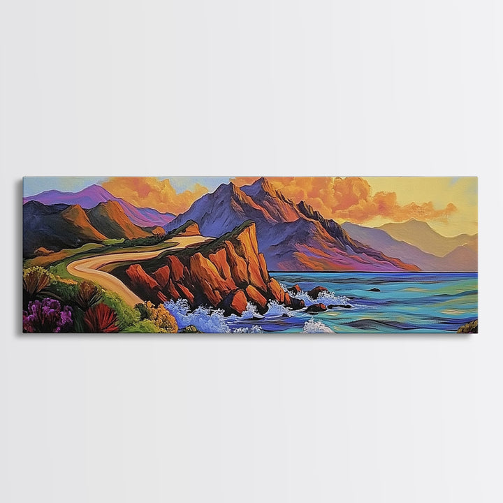 Cliffside Drive, Sunset Coast, Dramatic Ocean Scene, Framed Canvas Print, Coastal Wall Art, Office Accent Art, Bold Color Landscape